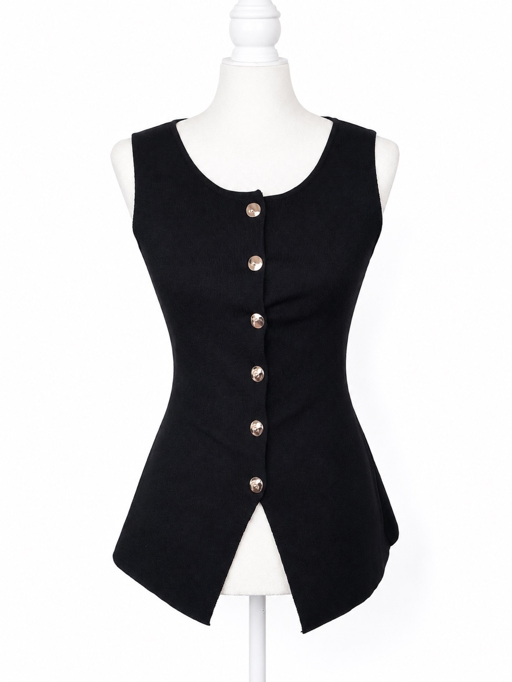 Zara Black Sleeveless Knit Button Front Top Gold Buttons Asymmetrical Hem Size S